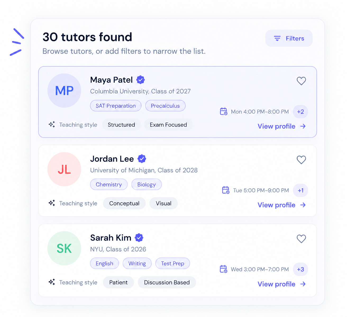 Tutor search results with qualified Clearisy tutors.